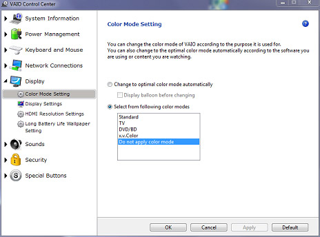Vaio Control Center - Color Mode Setting
