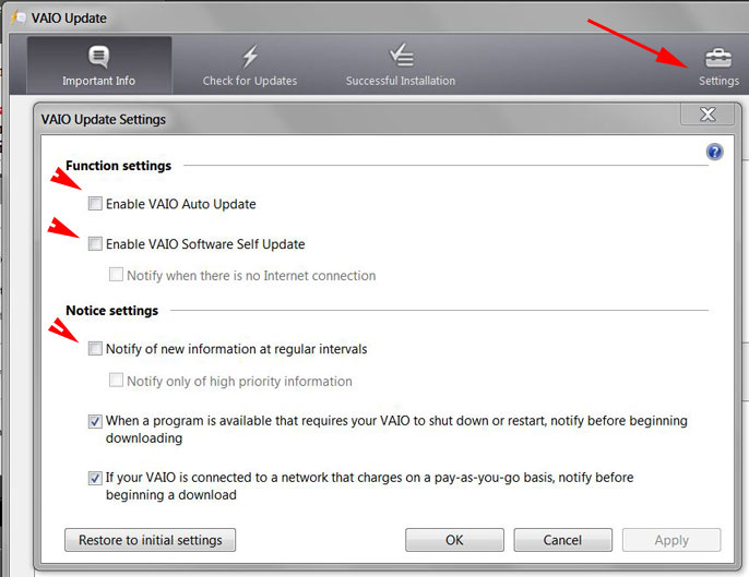 VAIO 5 Update Settings