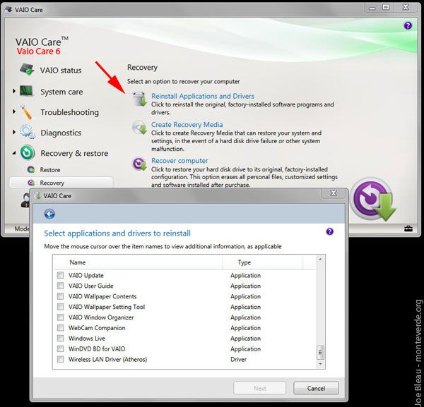 Vaio Care 6 reinstall Software and Drivers Options